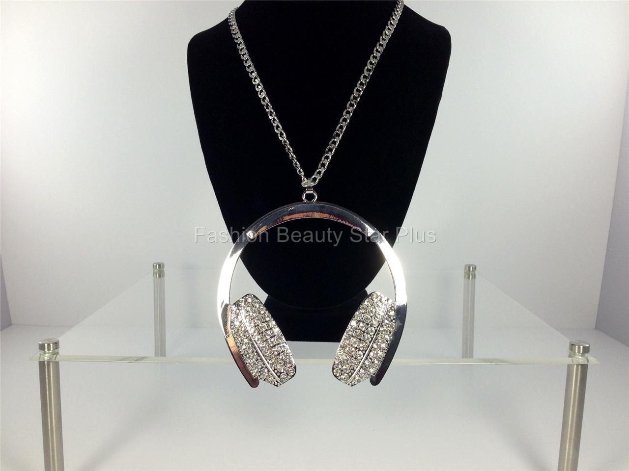 Crystal DJ Headphones Necklace Bling Long Chain Silver/Gold (USA