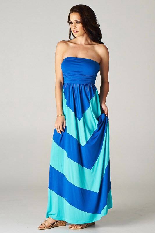 Chevron Empire Maxi Strapless Colorblock Dress Black White