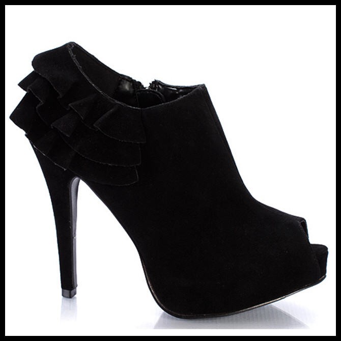 NEW BLACK SUEDE RUFFLE PEEP TOE WOMENS ANKLE BOOTS   8