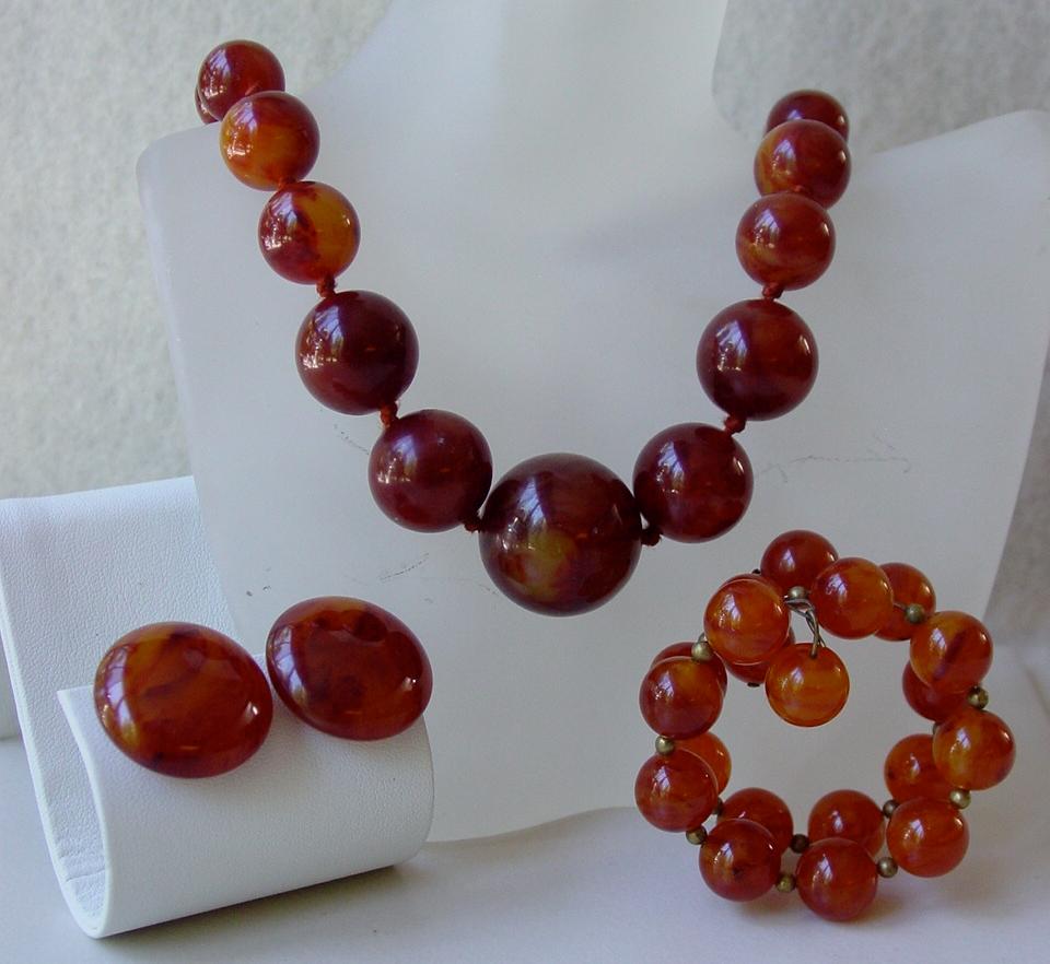 Vtg Estate BAKELITE Demi Parure Set 3 Amber Swirl Bracelet KJL Necklace