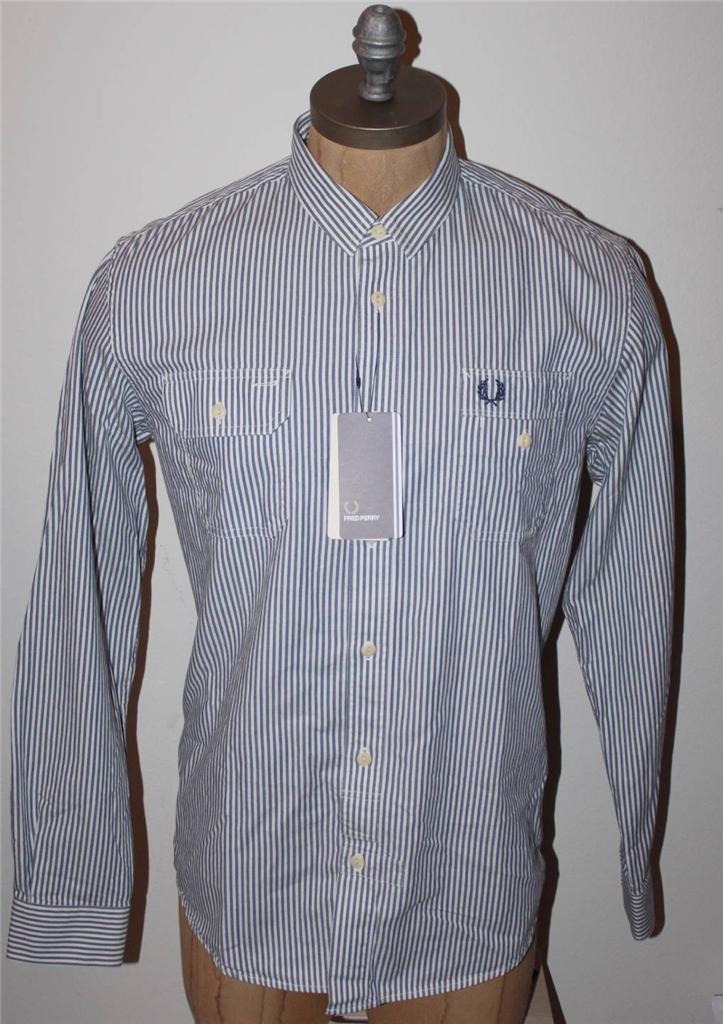 AUTH Fred Perry Men's Labourers Striped Work Shirt L AUTH Fred Perry Men's Labourers Striped Work Shirt L