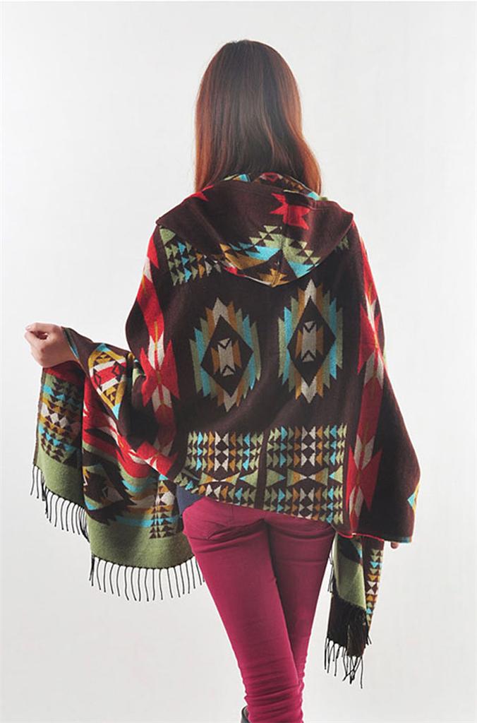 Hoodie aztec Pashmina Knit Aztec Cape hooded Poncho Gypsy  Scarf  scarf Hooded Shawl Boho
