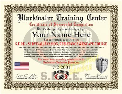 BLACKWATER SERE Training CERTIFICATE / DIPLOMA PROP ****S.E.R.E. COURSE ...