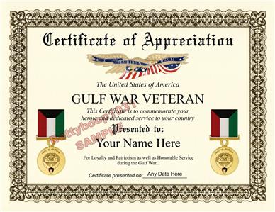 Gulf War Certificate Of Appreciation ***8.5 By 11 Inches*** Military 