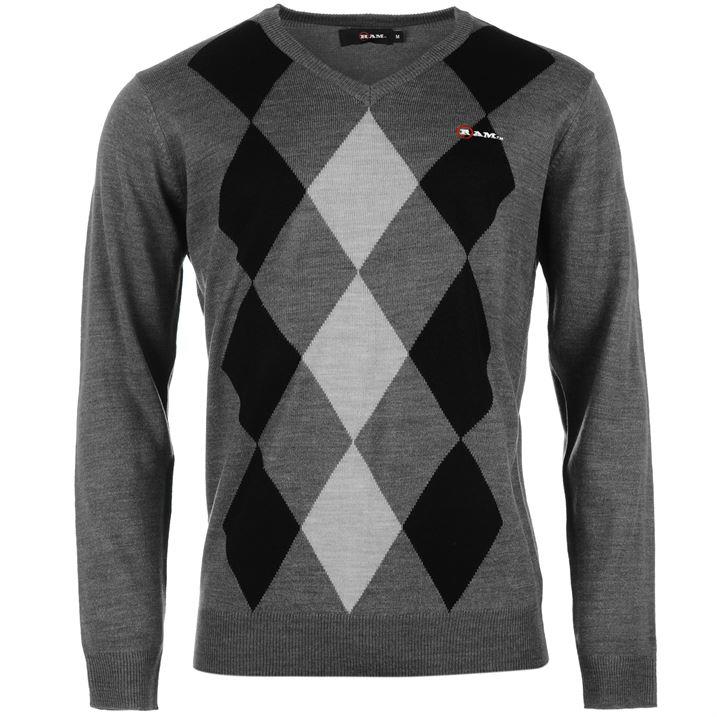 Ram V Neck Argyle Knit Jumper Mens Golf Course Casual Fashion All