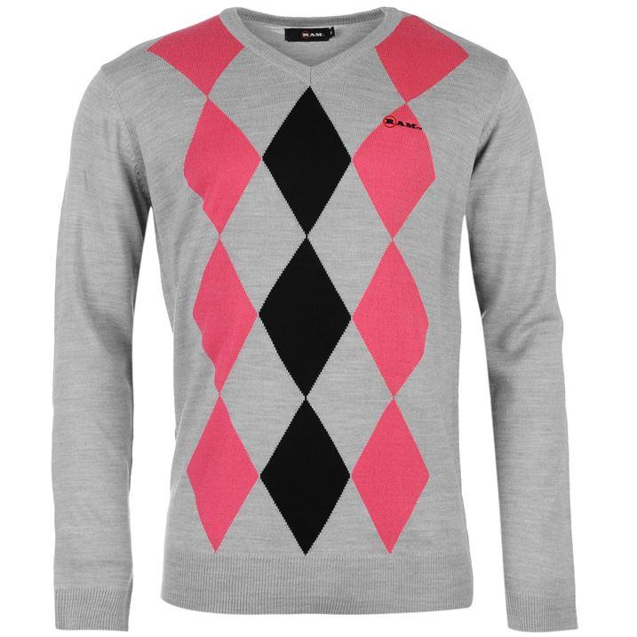 Ram V Neck Argyle Knit Jumper Mens Golf Course Casual Fashion All
