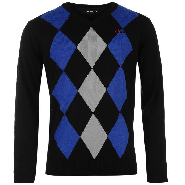 Ram V Neck Argyle Knit Jumper Mens Golf Course Casual Fashion All
