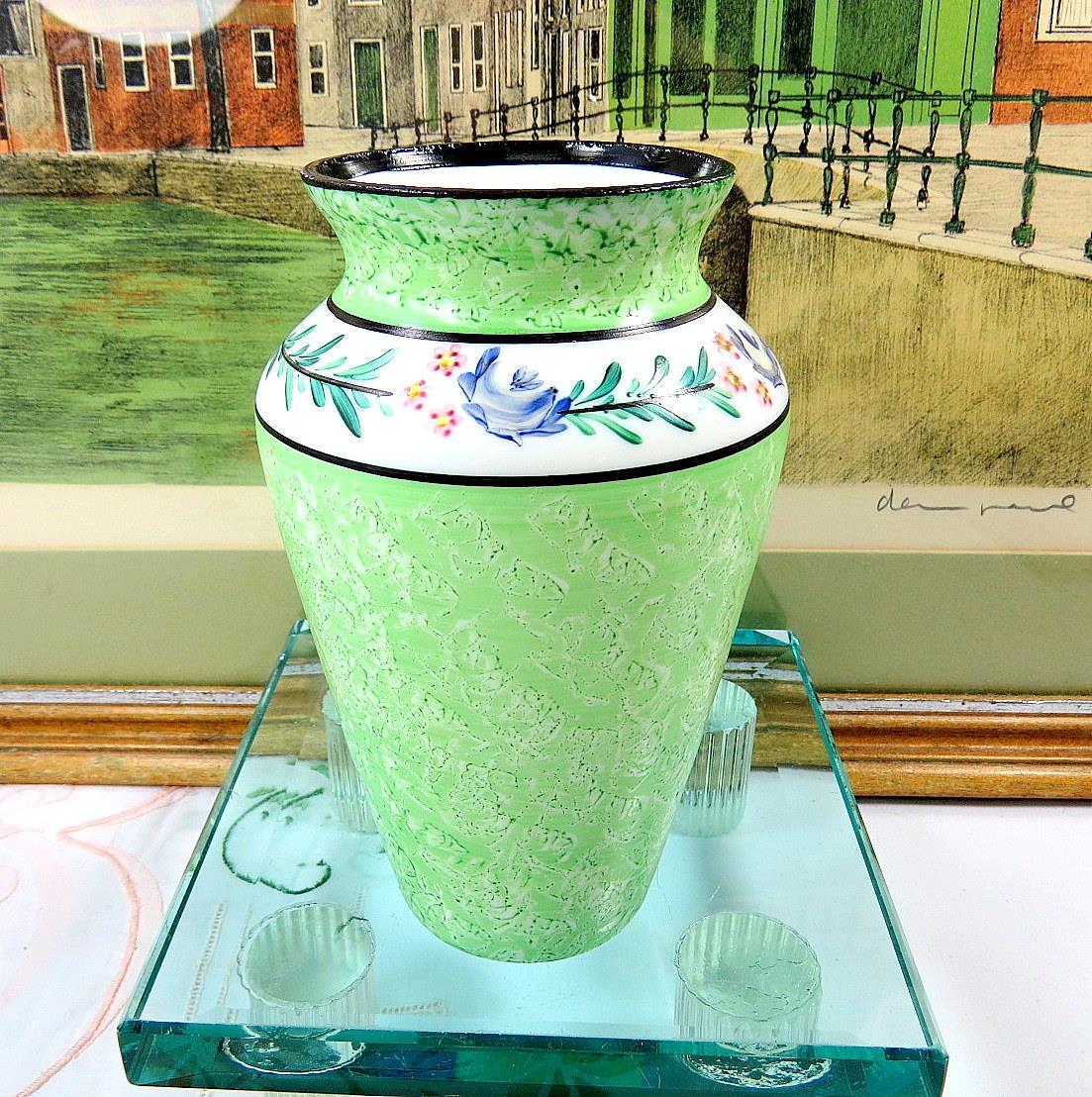 ANTIQUE MILK GLASS WITH GREEN SPONGE ENAMEL & BLUE FLORAL BAND 5 3/4