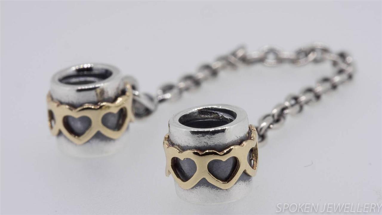 Authentic Genuine Pandora TWO Tone Safety Chain With 14K Gold Hearts