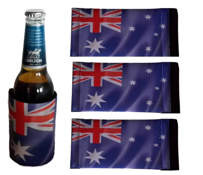 NEW THREE AUSTRALIAN FLAG VELCRO STUBBY HOLDERS AUSTRALIA DAY BEER