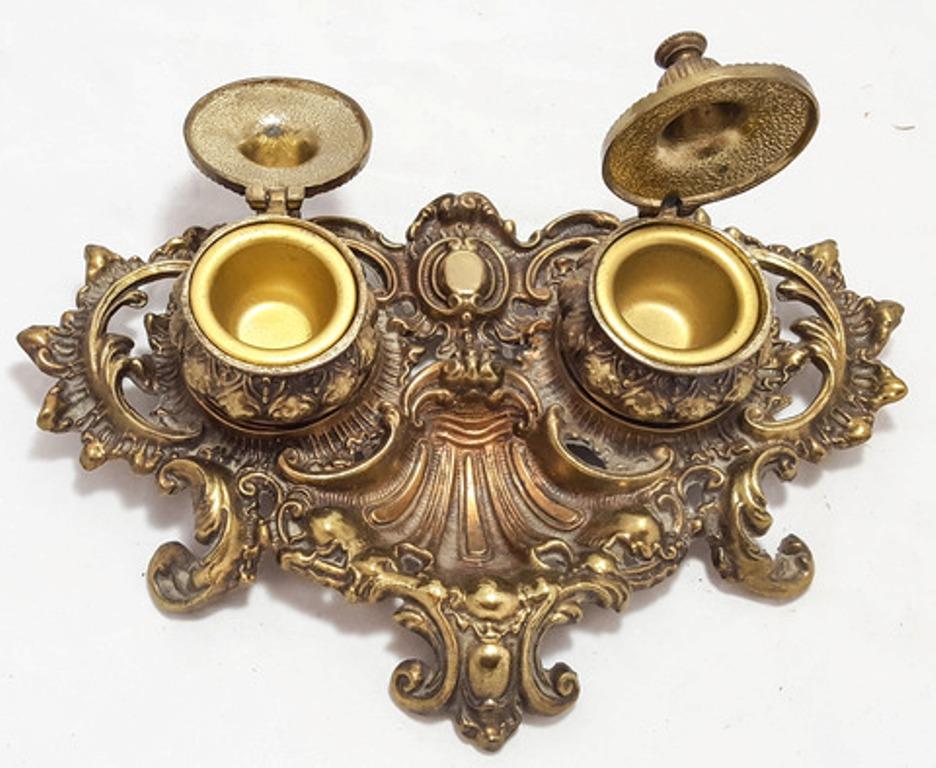 Antique Victorian Bronze Double Inkwell Brass Bronze , Stamped BW RARE