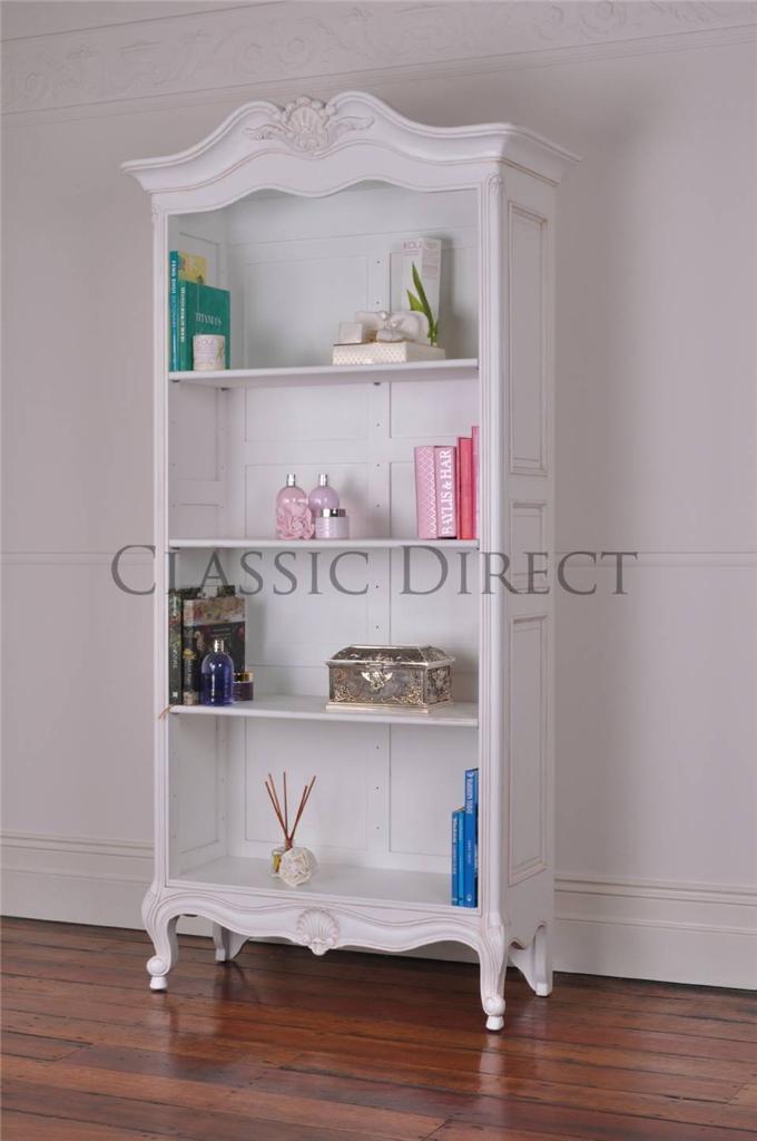French Provincial Antique White Finish Bookcase Hand Carved Bookshelf