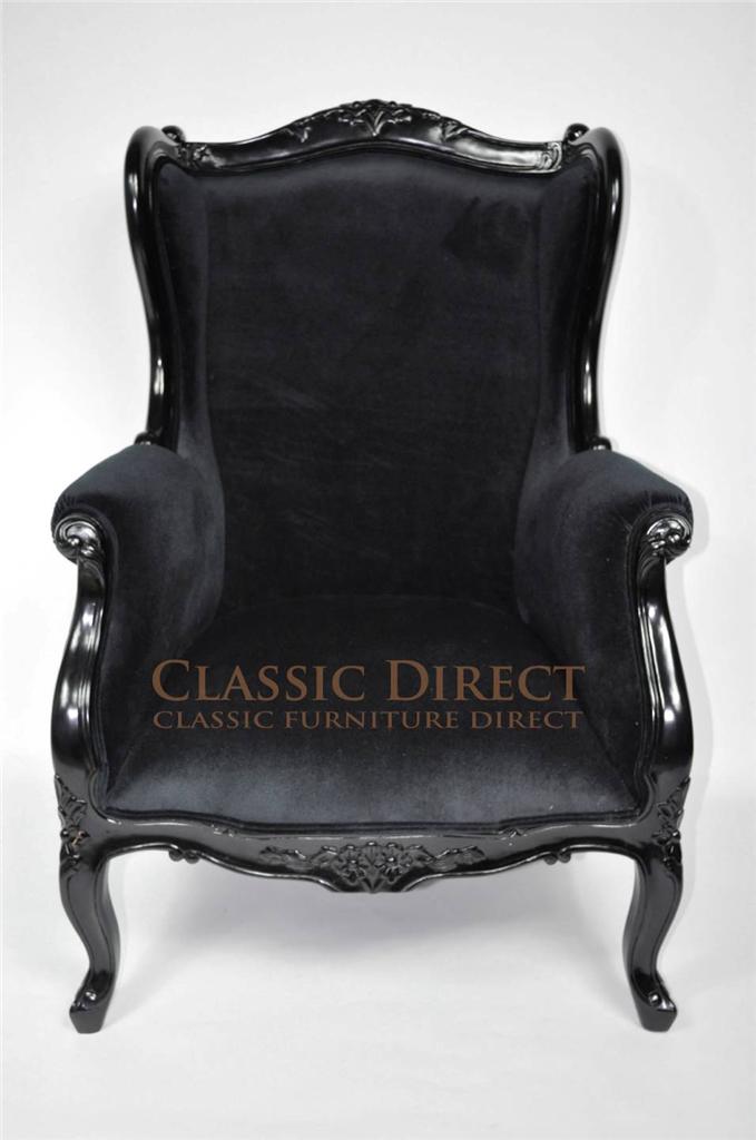 Wingback Chair French Provincial Black Gloss Black Velvet SRP1350