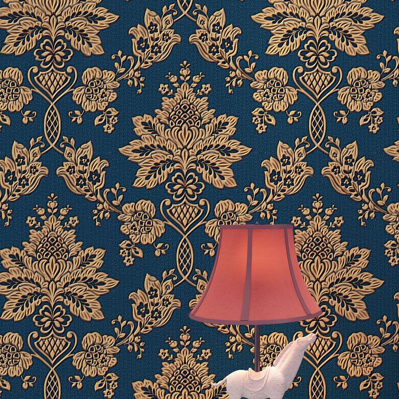 Luxury Vintage Classic Gold Textured/Embossed Damask Blue Roll Vinyl