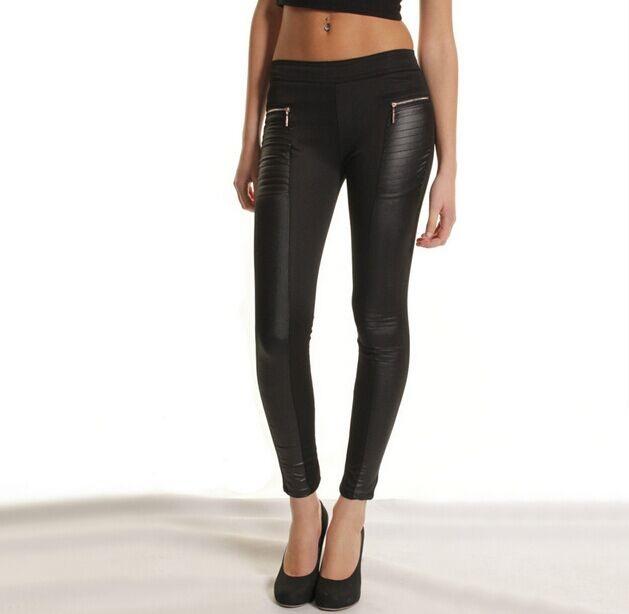 Leather look panel leggings Hit the town in these vegan leather leggings featuring a stretch waistband and fabric. Your wardrobe won't be complete without these staple leggings.