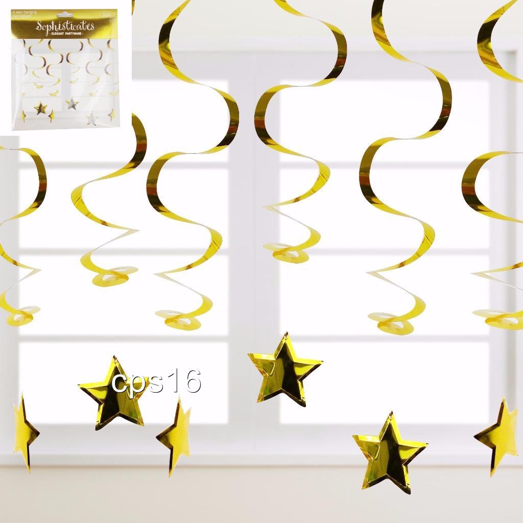 12 x Gold Star Birthday Party Hanging Swirls..Ceiling Decorations