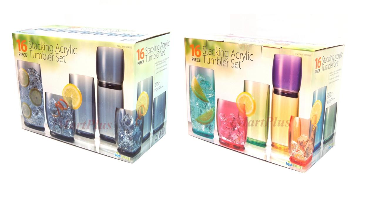 16 Acrylic Drinking Water Coloured Glasses Set Drink Plastic High Ball