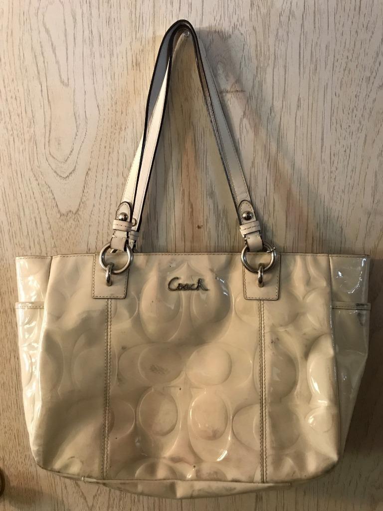 COACH F17728 White Patent Leather Bag Medium Size Tote 2 Straps Purse Handbag eBay