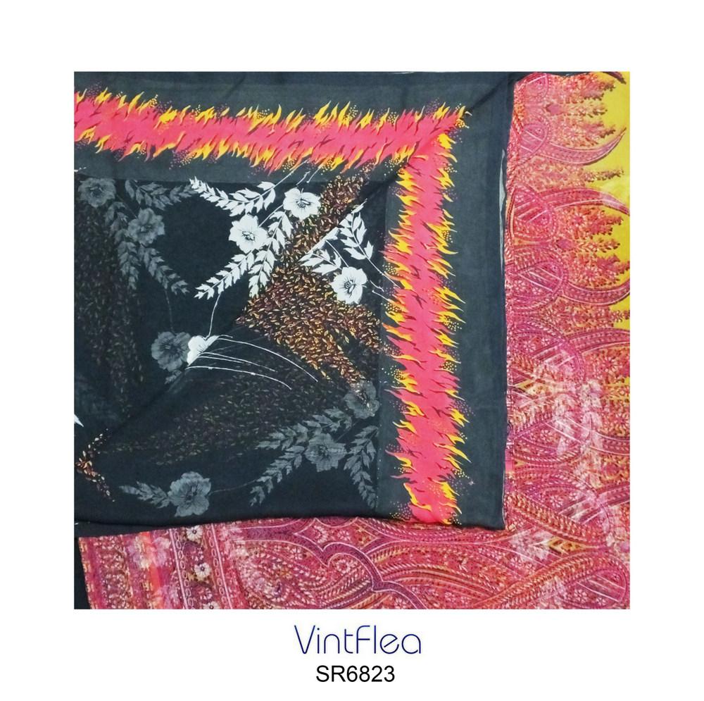 vintage saree black art silk floral printed fabric indian women