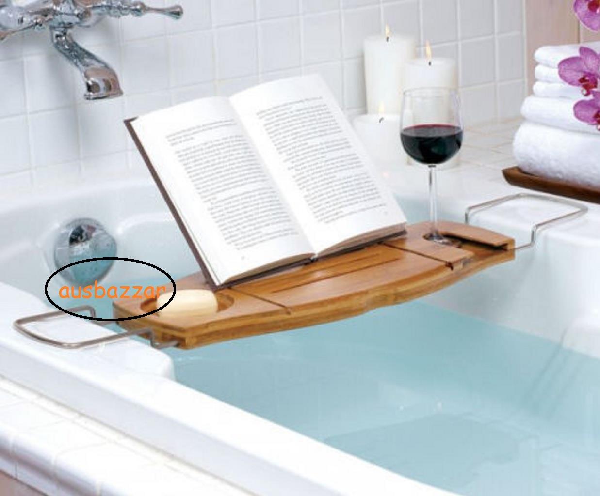 New Bathroom Bamboo Bath Caddy Tray Stainless Steel Book Wine Aquala Bamboo Bath Caddy By Umbra