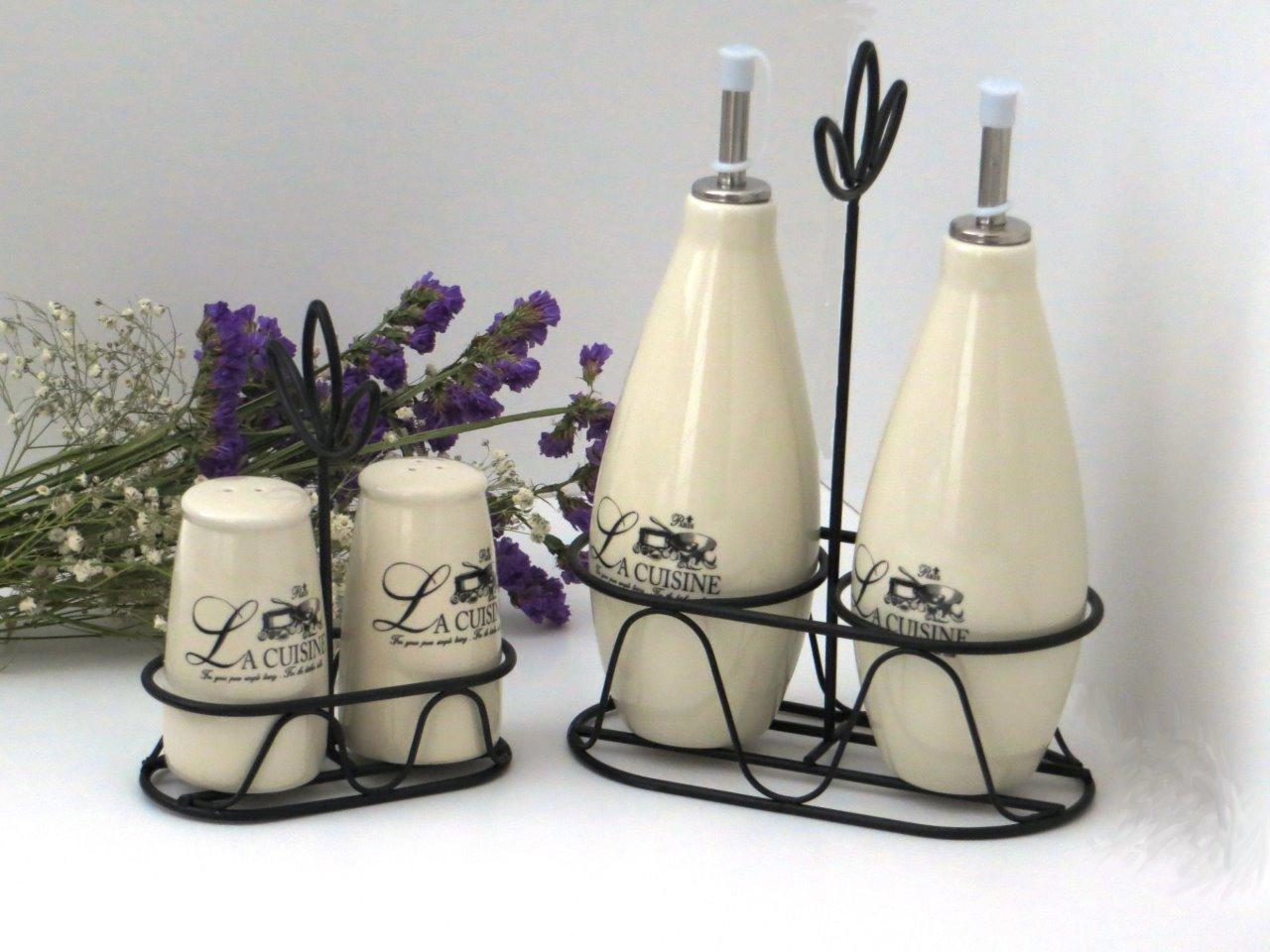 Designo Ceramic Oil and Vinegar Bottles Set Dispenser with Metal Rack