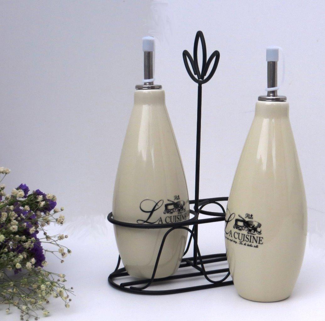 Designo Ceramic Oil and Vinegar Bottles Set Dispenser with Metal Rack