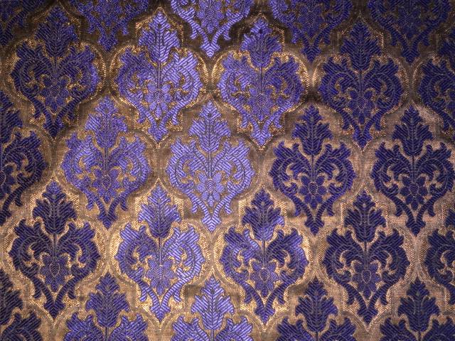 SILK BROCADE FABRIC ROYAL BLUE WITH METALLIC GOLD 44 INCHES