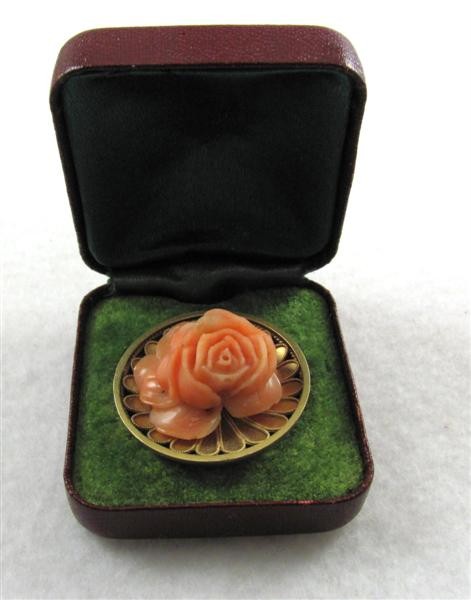 VICTORIAN SOLID 14K GOLD & CORAL PIN./BROOCH - 7.3 GRAM