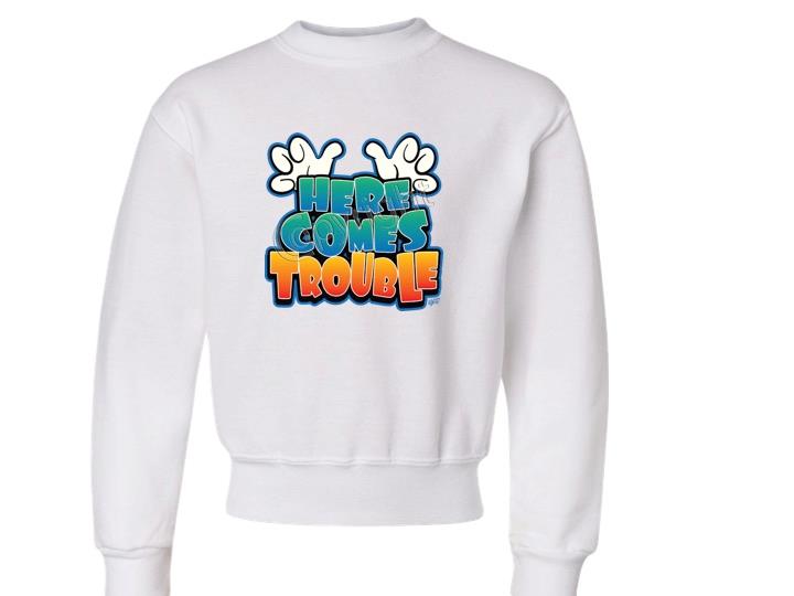 Here Comes Trouble JERZEES CREW NECK SWEATSHIRT THE BEST SIZE 6-8=SM To 18-20=XL - Picture 2 of 9