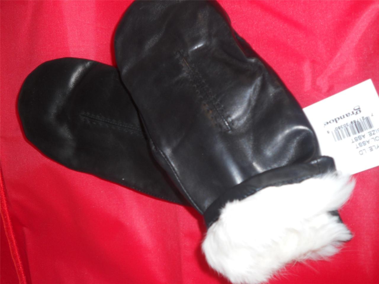 Grandoe White Rabbit Fur lined Leather Mittens,Black eBay