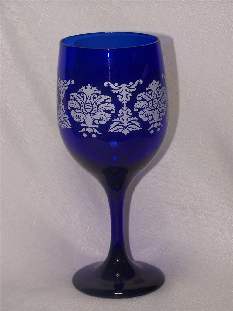 Libbey Glass 4 Premiere Cobalt Blue White Lace Wine Glasses eBay