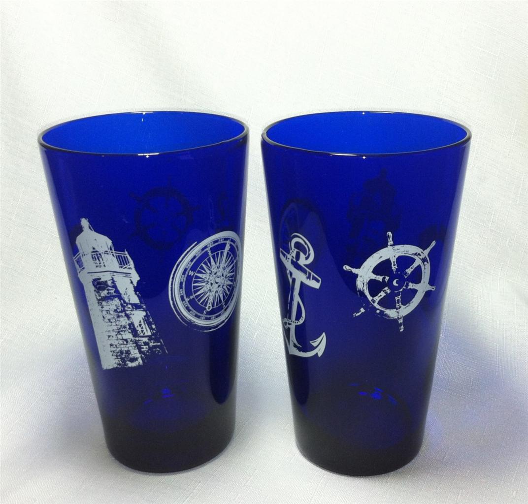 Libbey Glass 4 Cobalt Blue Flare 17.25oz Nautical Coastal Lighthouse