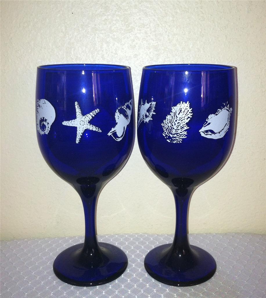 Libbey Glass 4 Premier Cobalt 14oz. Nautical Seashell Wine Glasses eBay