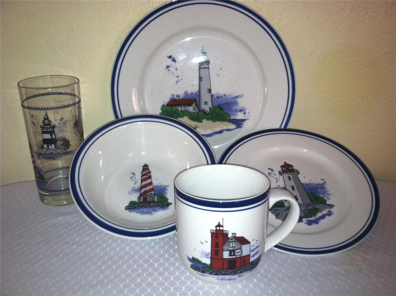 RARE!! Libbey Glass 20pc Lighthouse Dinnerware Set Plates Bowls Mugs eBay
