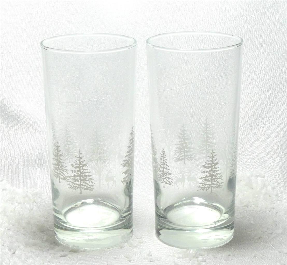 Libbey Glass 4 Christmas 15oz White Snow Tree Tumblers Glasses Ebay