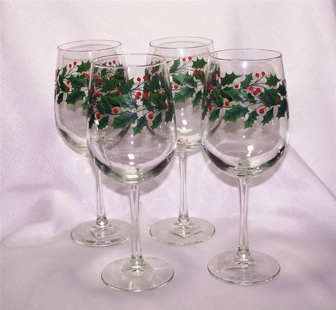 Libbey Glass 4 Vina Christmas Holly Berry 16oz Tall Wine Goblets