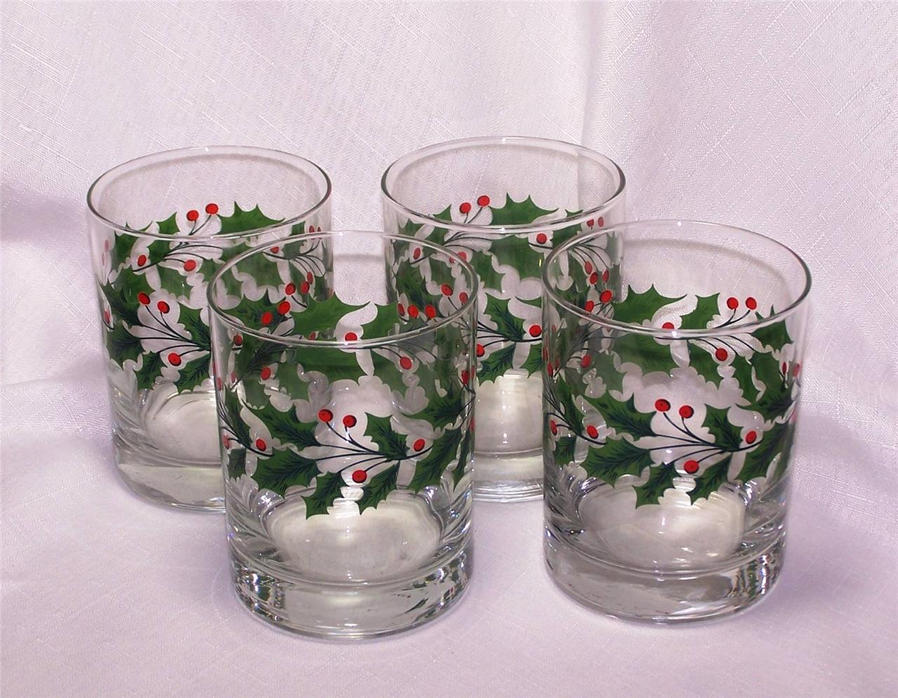 Libbey Glass 4 Christmas Holly Berry 14oz Rocks DOF Glasses