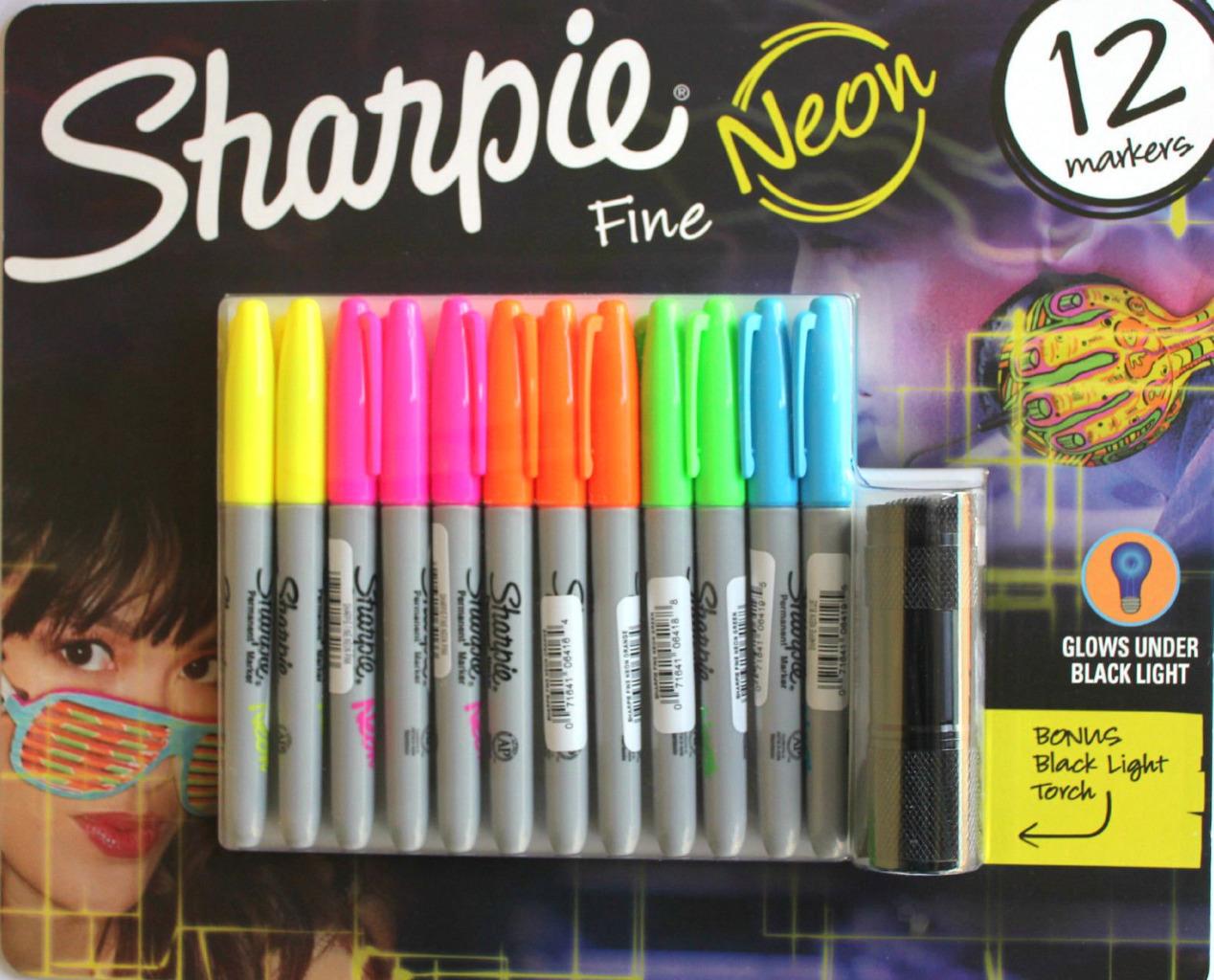 12x Sharpie Fine Neon Permanent Markers Bonus Black Light Torch