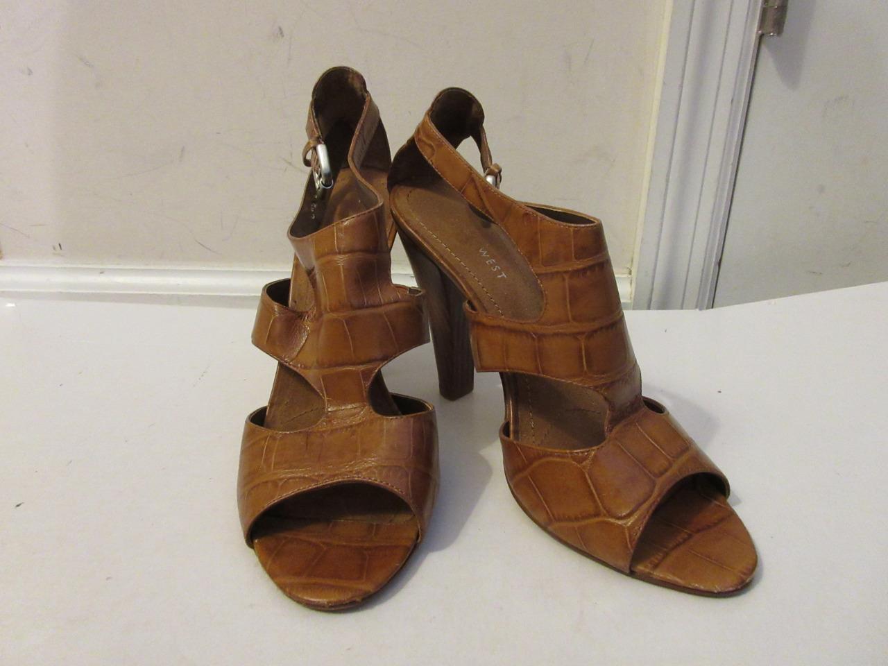 WOMENS NINE WEST BROWN LEATHER WOODEN HEEL OPEN TOE SHOES