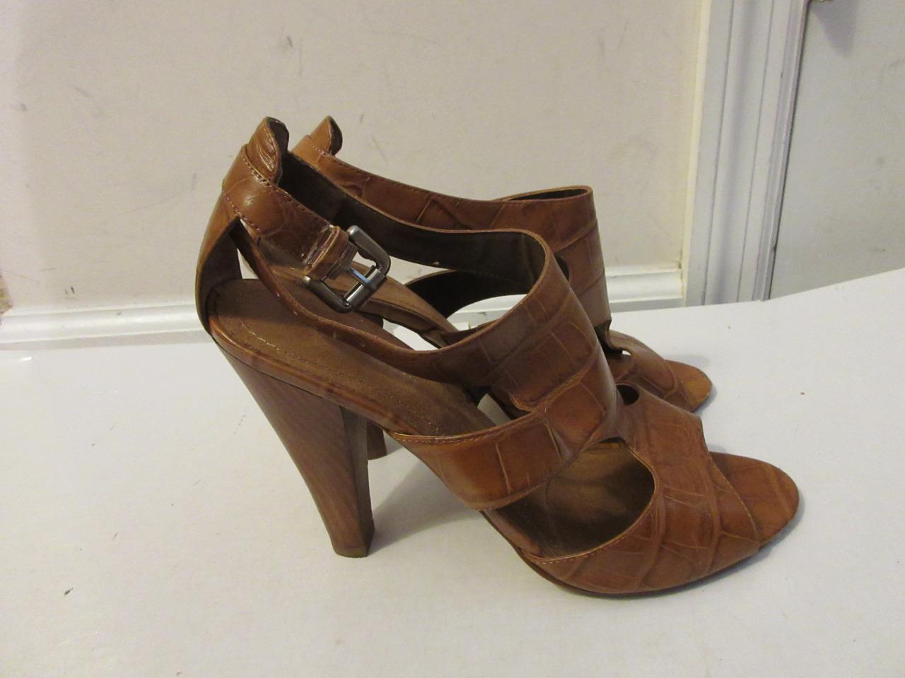 WOMENS NINE WEST BROWN LEATHER WOODEN HEEL OPEN TOE SHOES