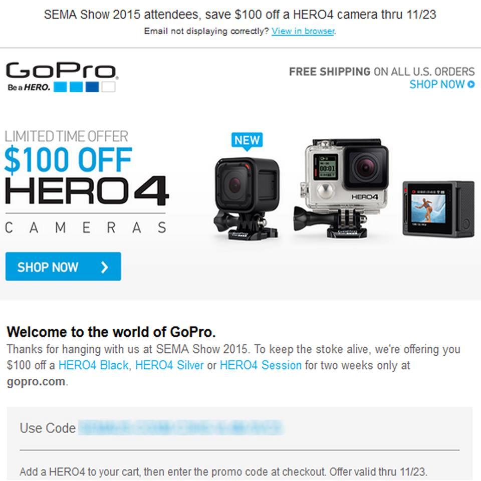 100 off GoPro Hero 4 cameras, Hero4 coupon code (Black, Silver