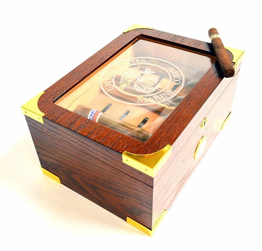 USMC LOGO LASER ENGRAVED OAK GLASS TOP 75 COUNT CIGAR HUMIDOR HIPS