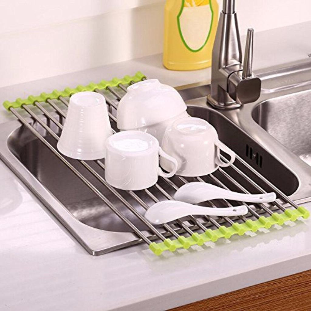 Kitchen Over Sink Stainless Steel Silicone Dish Drying Rack Drainer