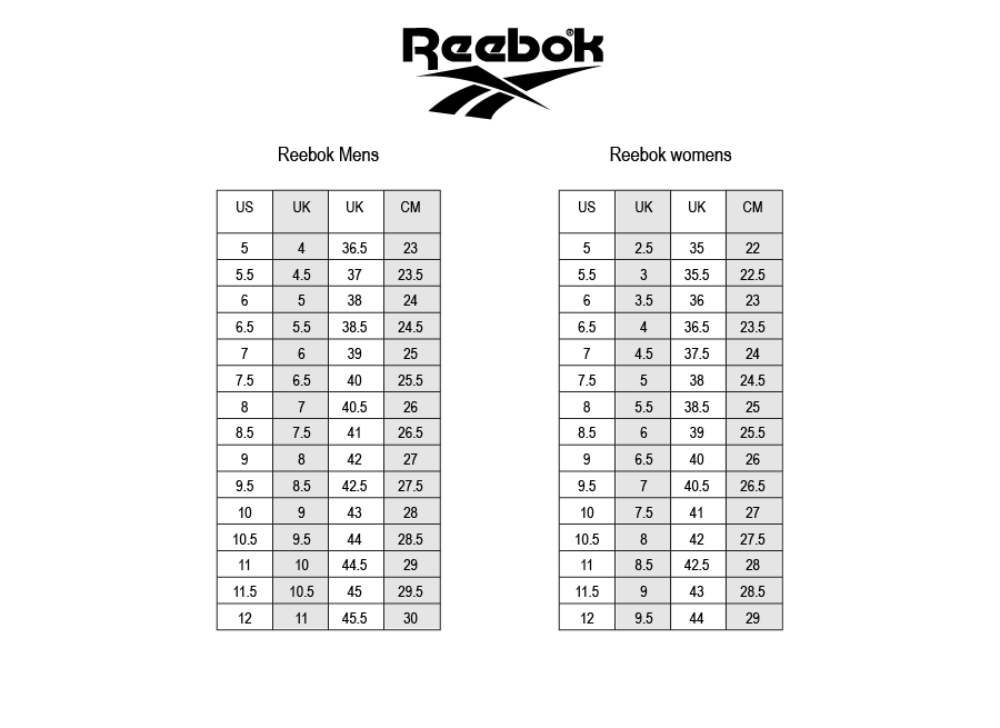 reebok women's shoe size chart
