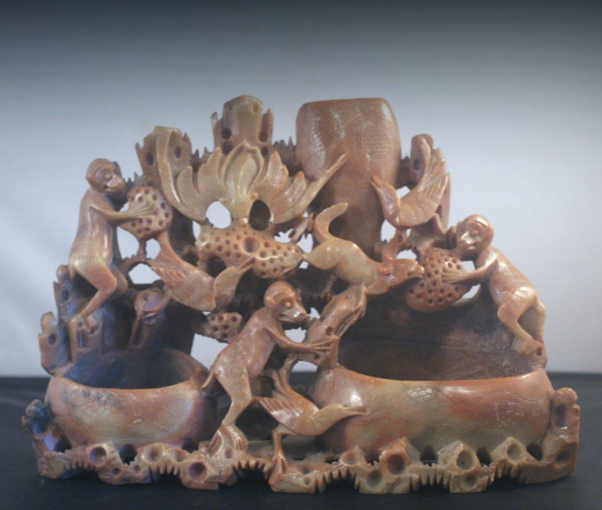 LARGE ANTIQUE CHINESE CARVED SOAPSTONE CARVING WITH MONKEYS & BATS