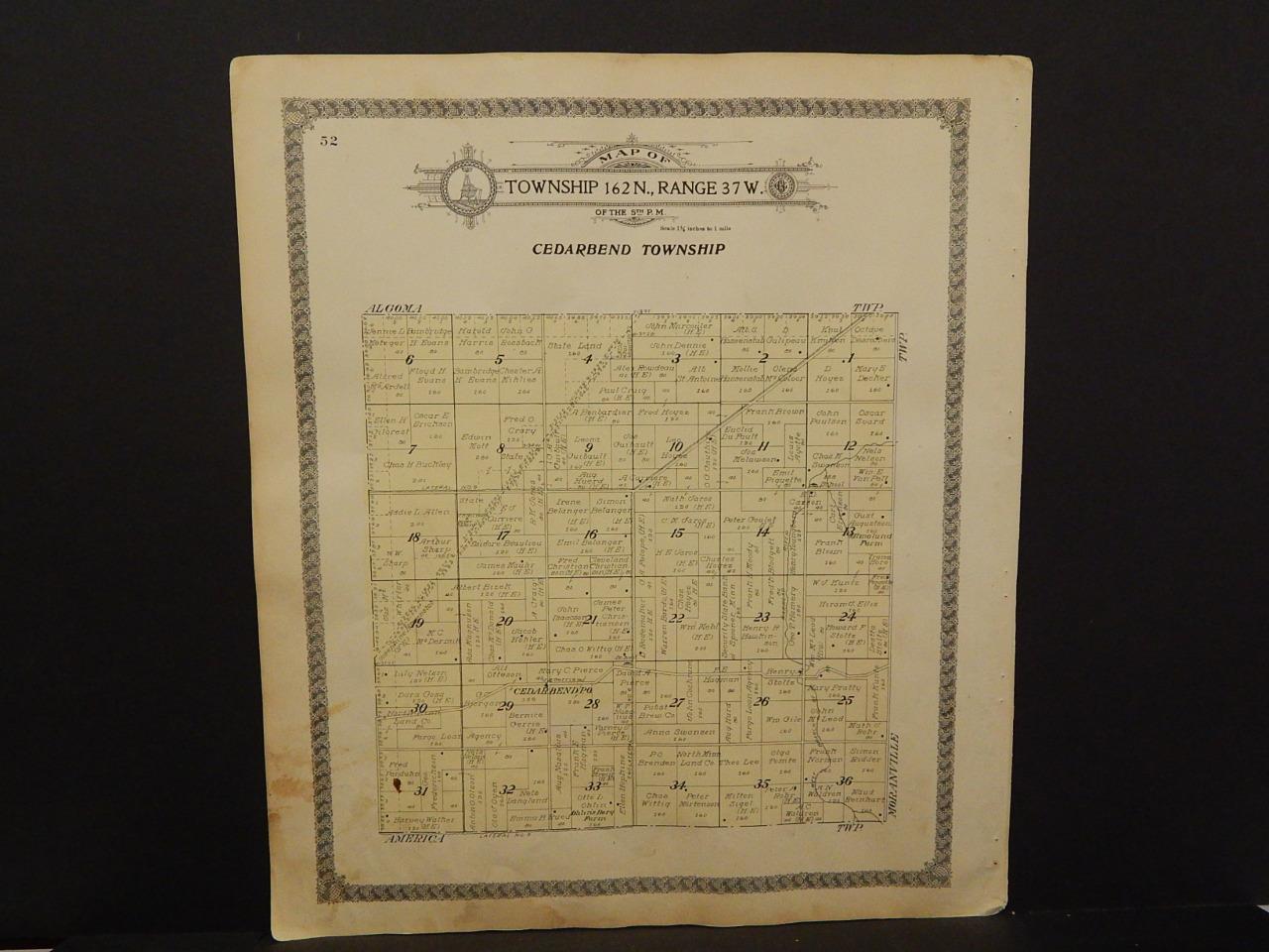 Minnesota Roseau County Map Cedarbend or America Township 1913 Dbl Side