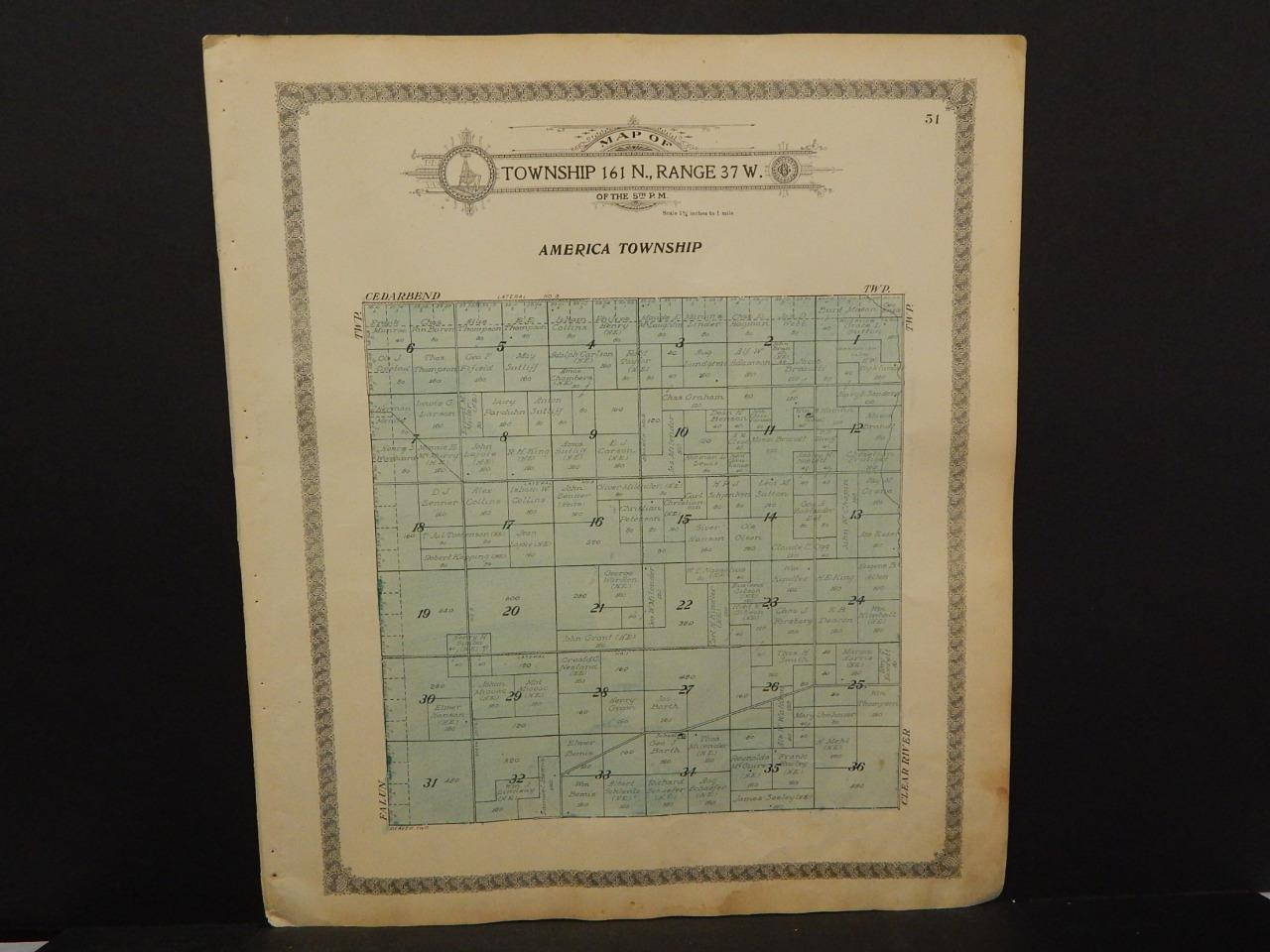 Minnesota Roseau County Map Cedarbend or America Township 1913 Dbl Side