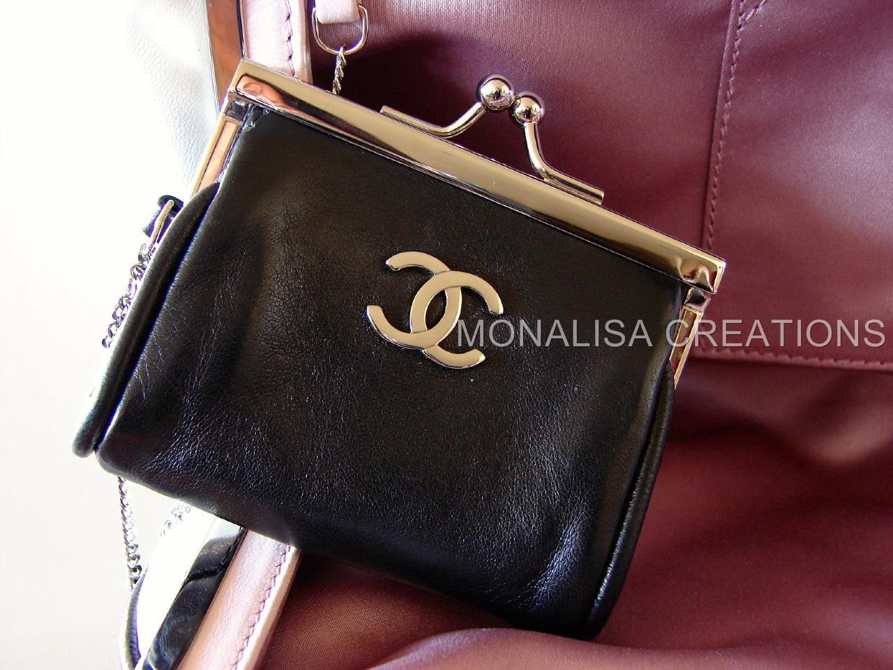 AUTH CHANEL Leather Clutch Bag Black & White SAC POCHETTE + Coin Purse