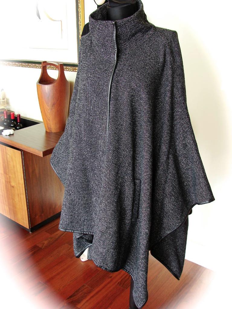 EILEEN FISHER Plush High Collar Cape with Leather Trim Cotton Wool Silk