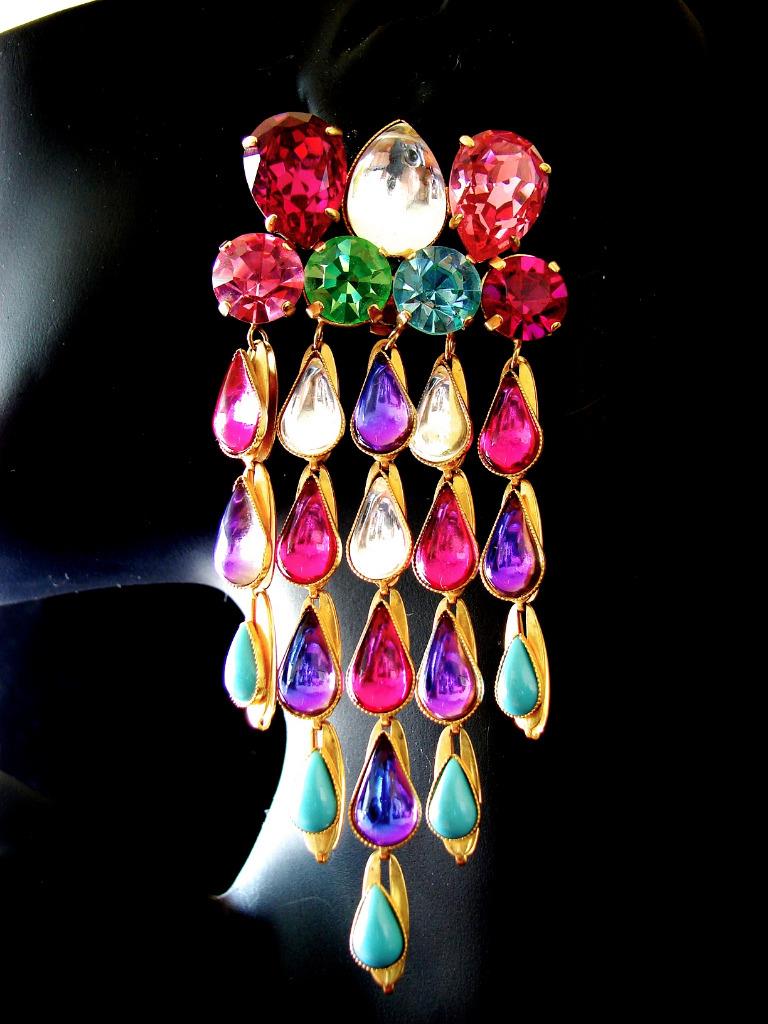 YSL Rive Gauche Statement Earrings HUGE 4" Chandelier Rhinestones